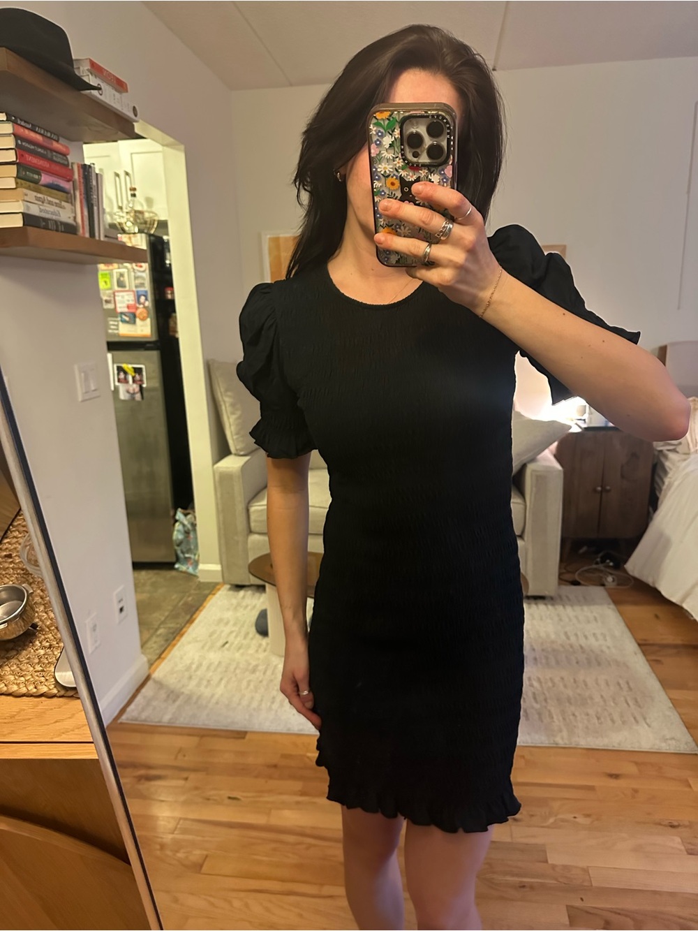 Black Ruched Puff-Sleeve Dress